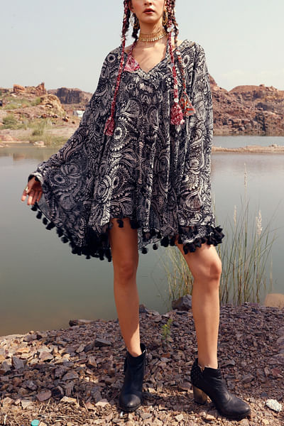 Black floral printed cape dress