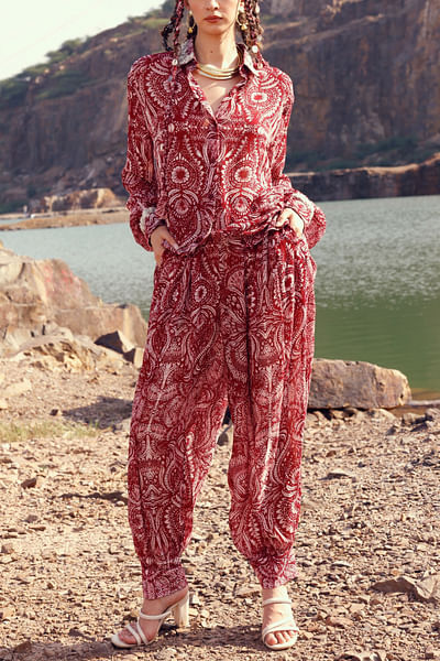 Red floral printed shirt and harem pants
