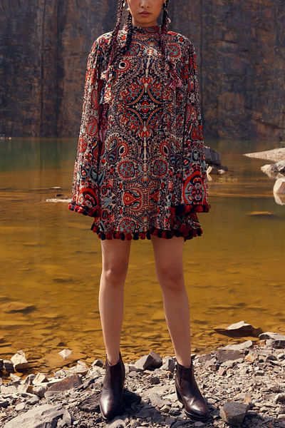 Red printed cape dress