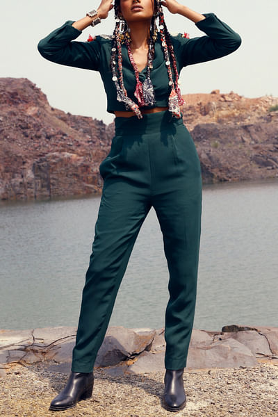 Green cropped jacket and trouser set