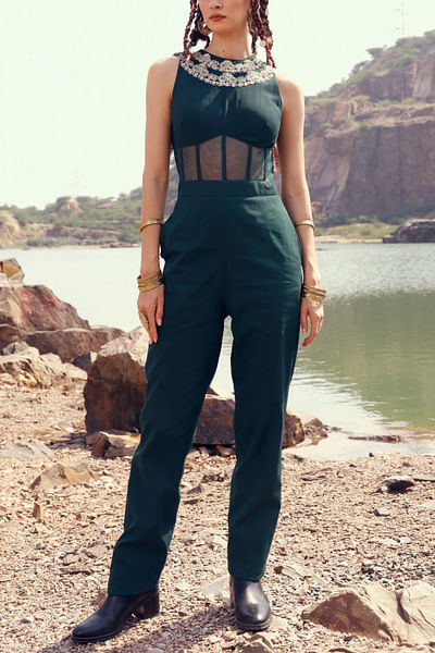 Green embroidered corset jumpsuit