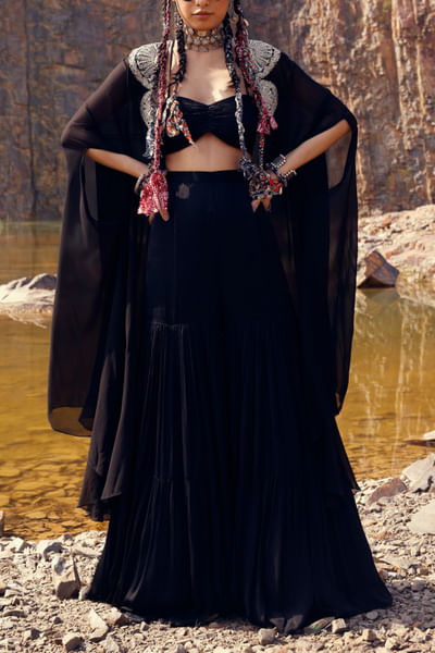 Black embroidered cape and sharara set