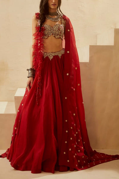 Red embellished lehenga set