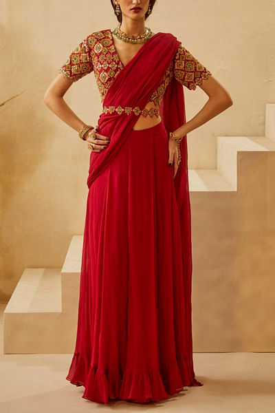 Red pre-stitched sari set
