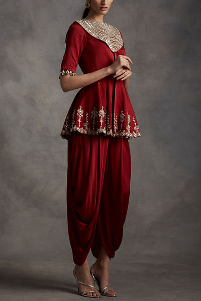Red embroidered peplum top and dhoti pants