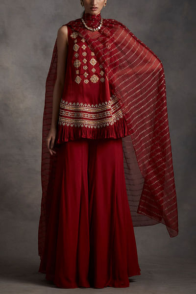 Red embroidered frill kurta set