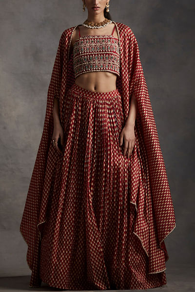 Red printed cape and skirt set