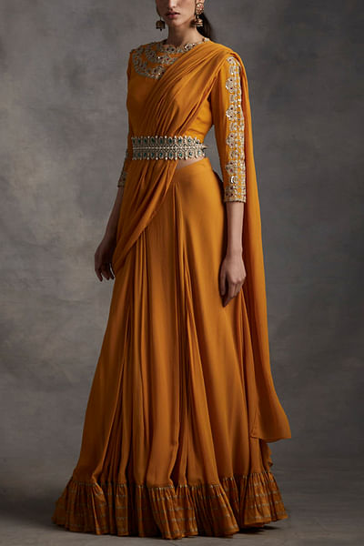 Yellow pre-stitched sari set