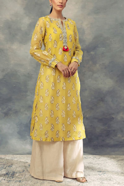 Yellow foil printed kurta and palazzo set