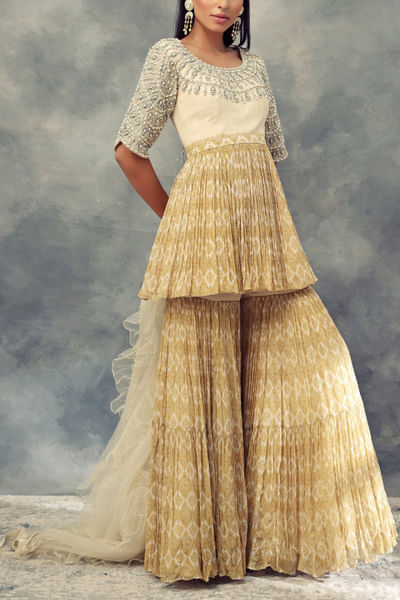 Mustard yellow and ivory sharara set