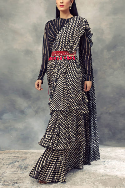 Black foil printed sari set