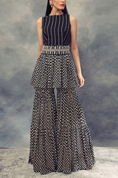 Black printed peplum kurta sharara set