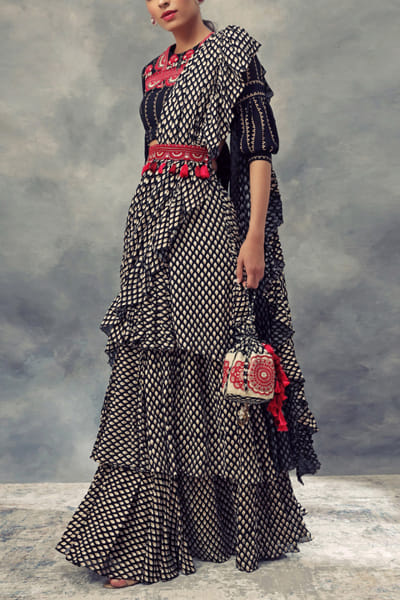 Black printed ruffle sari set