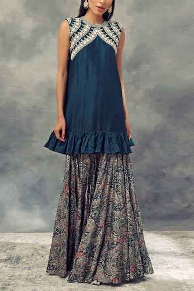 Peacock green top and printed flared pants