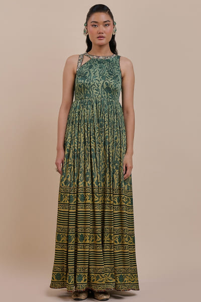 JJV.Kapurthala By JJ Valaya Green jamavar print embroidered maxi dress JJVMAY26D144384