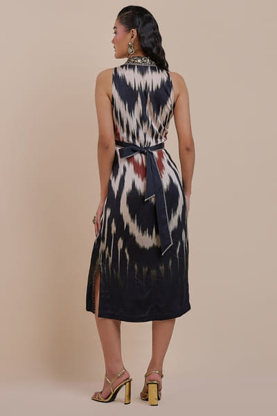 JJV.Kapurthala By JJ Valaya Black ikat embroidered wrap midi dress JJVMAY26D144385