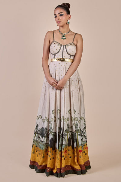 Ivory printed corset maxi dress