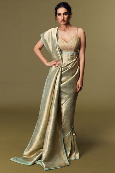 Mint zari banarasi silk sari set