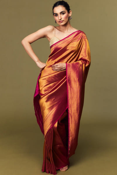 Magenta silver zari silk sari set