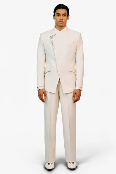 Ecru metallic brooch bandhgala