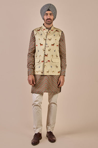 Ivory horse printed Nehru jacket