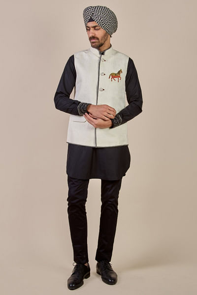 Ivory horse motif Nehru jacket
