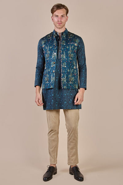 Blue floral printed Nehru jacket