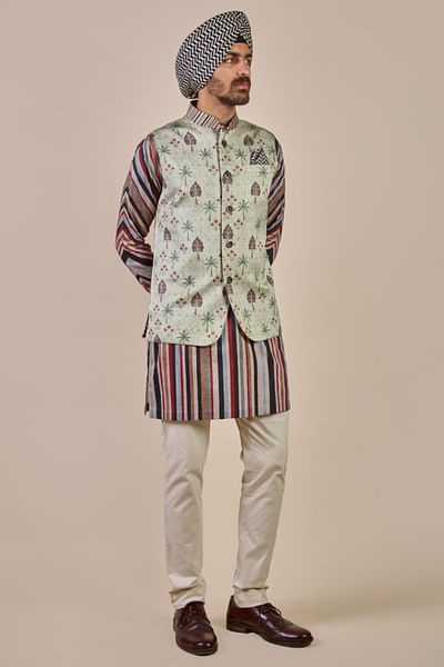 Green floral printed Nehru jacket