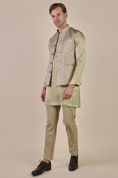 Yellow printed Nehru jacket