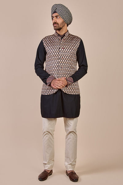 Blue and ivory printed Nehru jacket