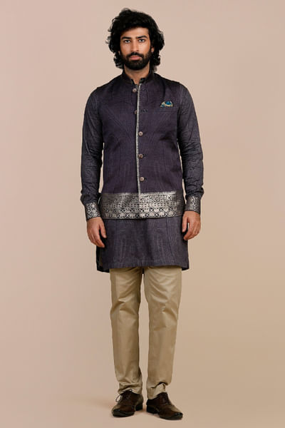 Deep violet thread embroidered Nehru jacket