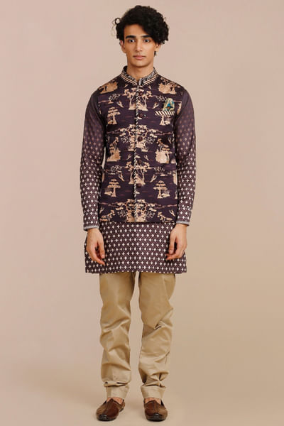 Purple thread embroidered Nehru jacket