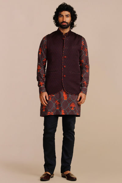 Mulberry purple embroidered Nehru jacket