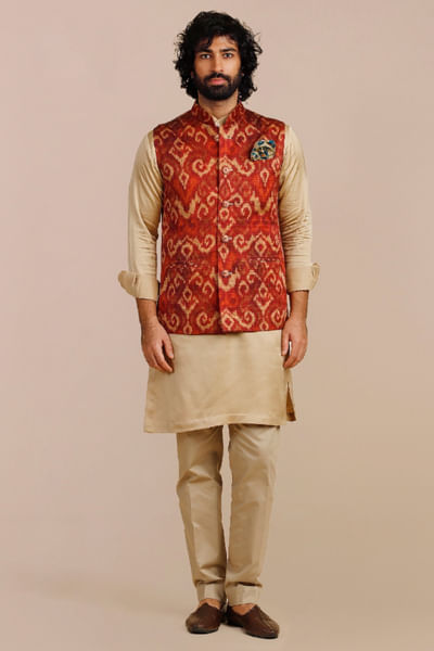 Rust red thread embroidered Nehru Jacket