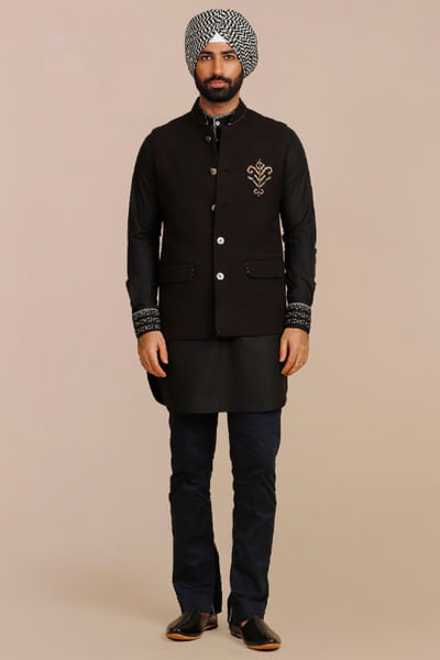 Midnight black thread embroidered Nehru jacket