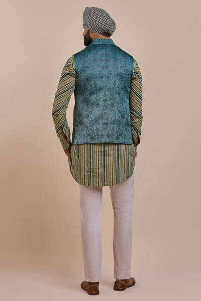 JJV.Kapurthala By JJ Valaya Green and blue floral embroidered Nehru jacket JJVMAY26D143999