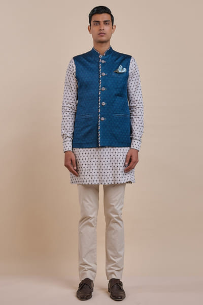 JJV.Kapurthala By JJ Valaya Navy blue satin linen Nehru jacket JJVMAY26D143996
