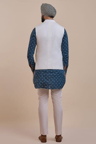 JJV.Kapurthala By JJ Valaya Pearl ivory linen Nehru jacket JJVMAY26D143997