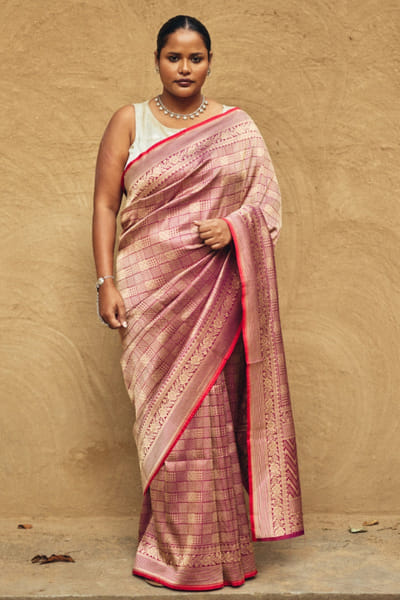 Pink gold tanchoi brocade sari
