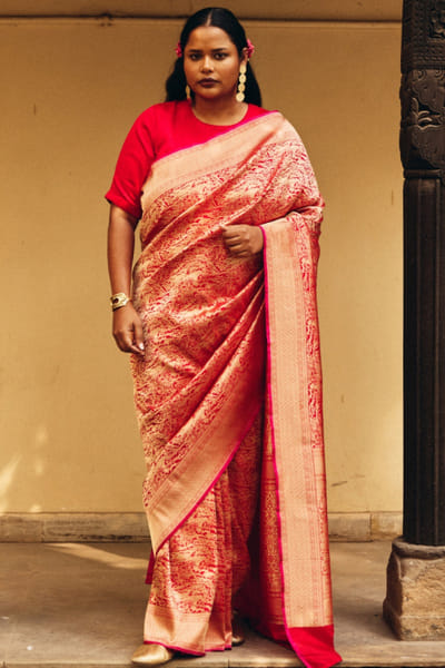 Pink gold tanchoi brocade sari