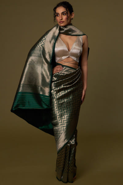 Emerald geometric pattern silk sari set