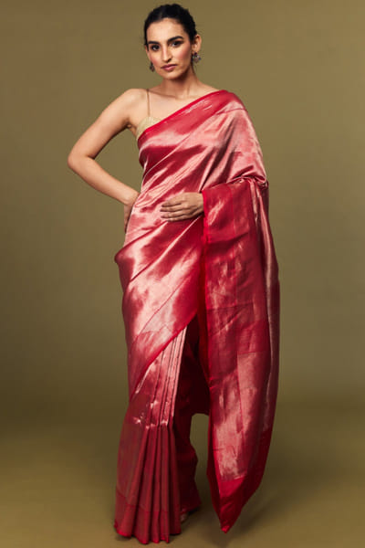 Red zari brocade silk sari set