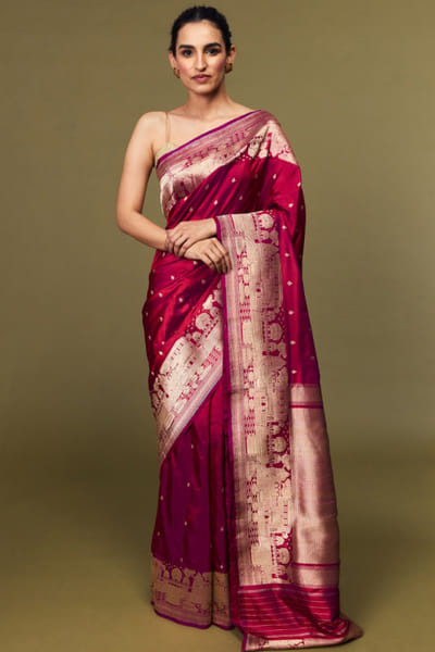 Pink gold zari katan silk sari set