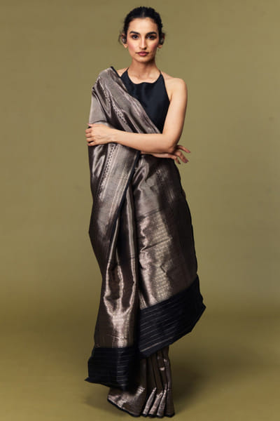 Black tanchoi silk sari set