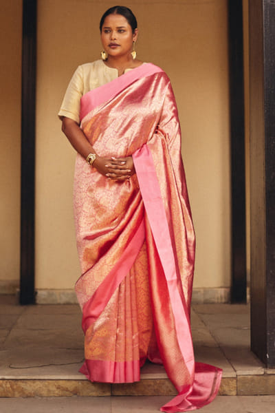 Peach gold brocade tanchoi sari