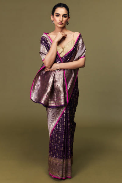 Purple silver zari banarasi sari set