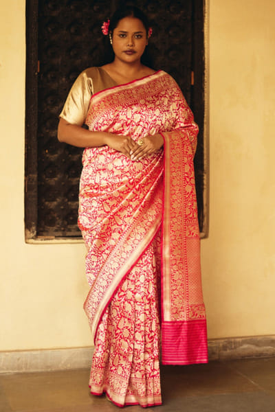 Red gold shikargah brocade sari