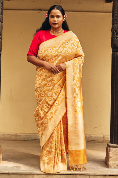 Mustard minedar weave silk sari