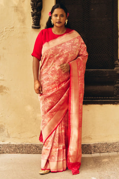 Red gold shikargah weave sari