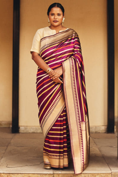 Purple striped zari border sari